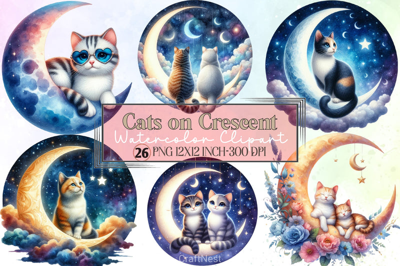 Cats on Crescent Clipart Bundle - CraftNest - Digital Crafting and Art