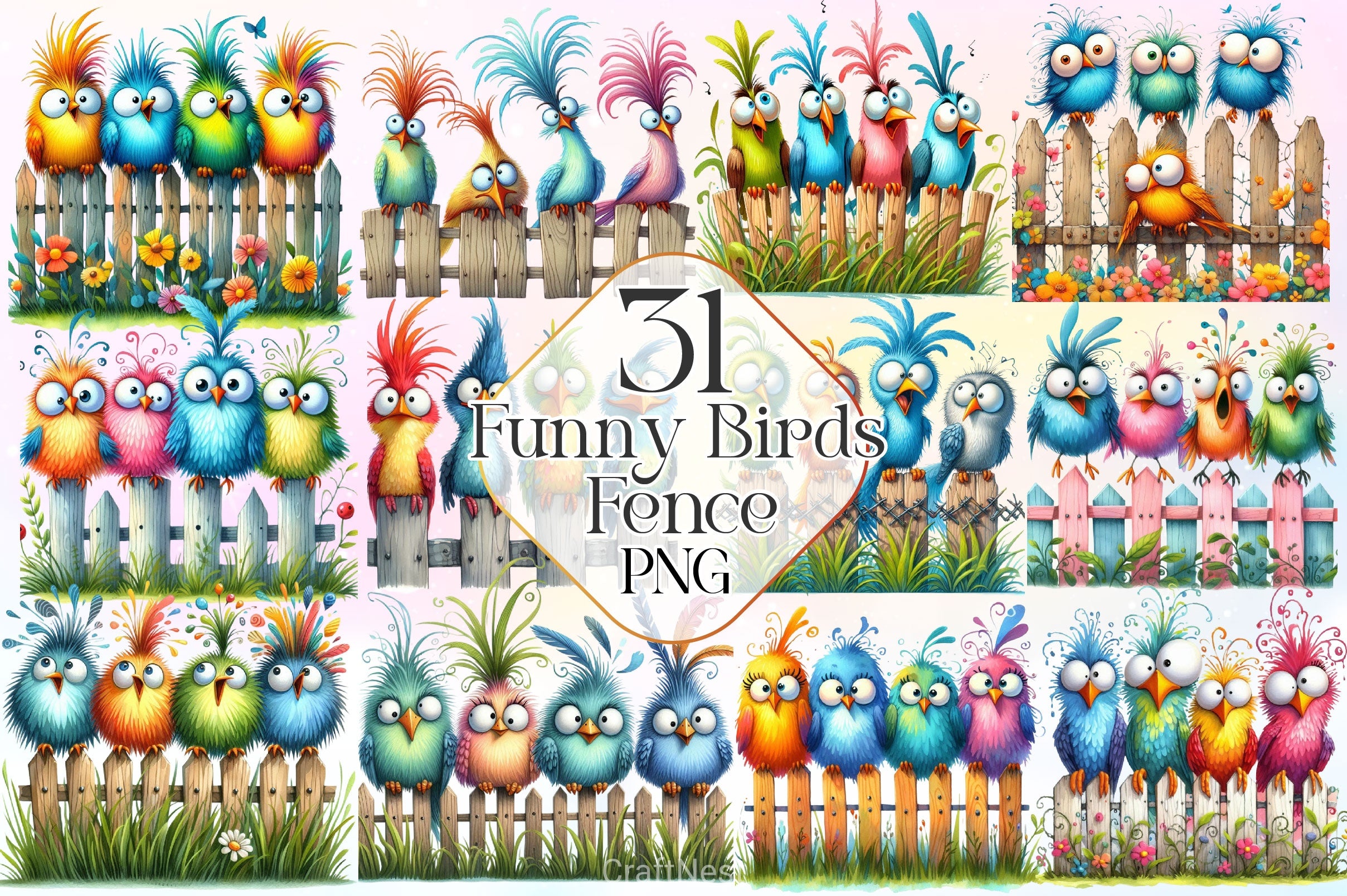 Funny Birds In Wooden Fence Clipart Bundle - CraftNest - Digital Crafting and Art