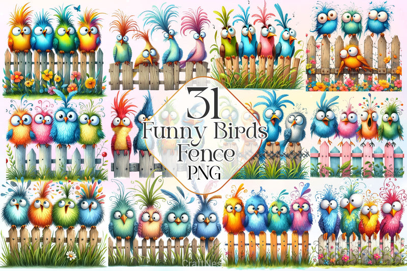 Funny Birds In Wooden Fence Clipart Bundle - CraftNest - Digital Crafting and Art