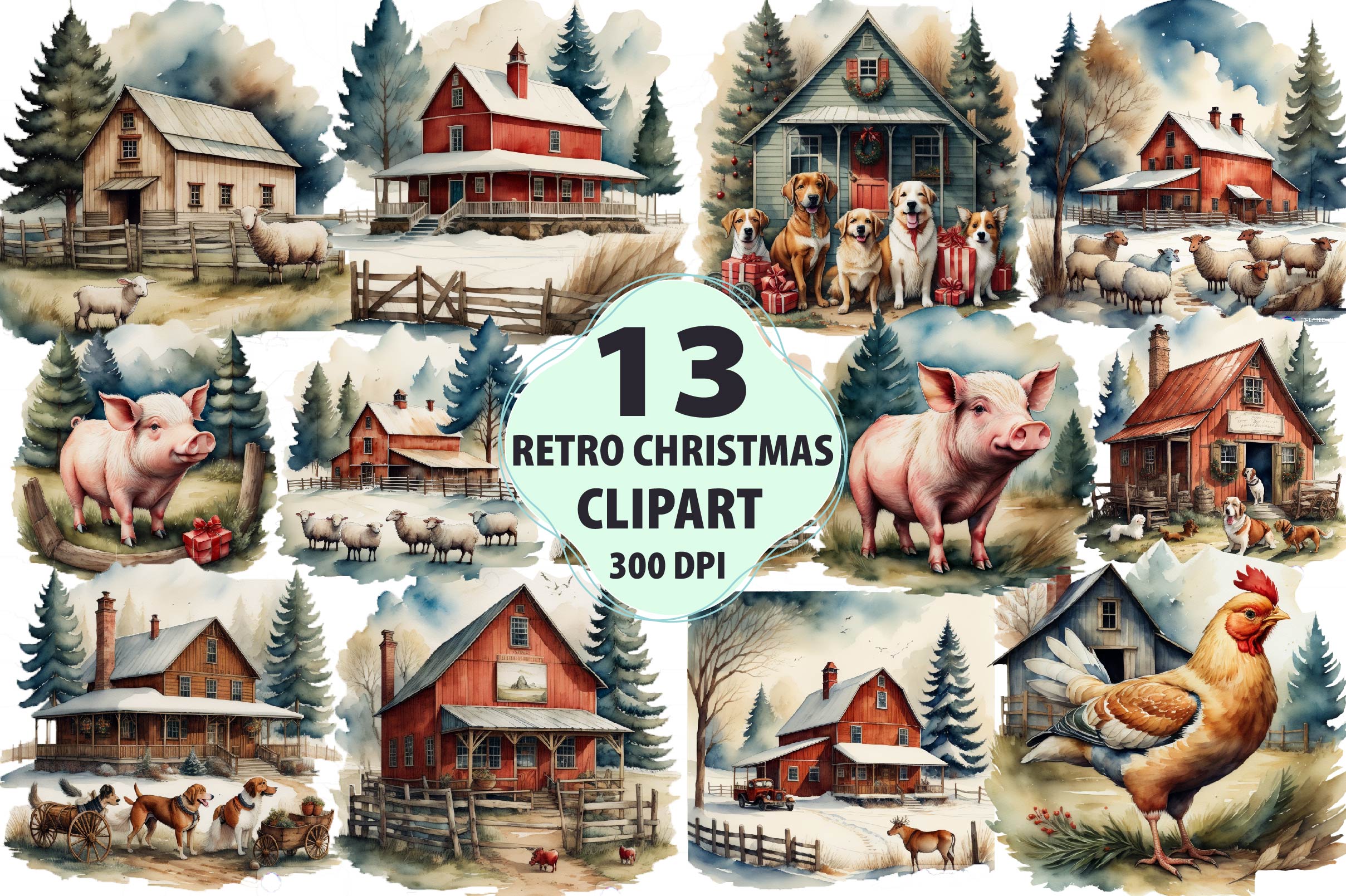 Vintage Farm Christmas Clipart Bundle - CraftNest - Digital Crafting and Art