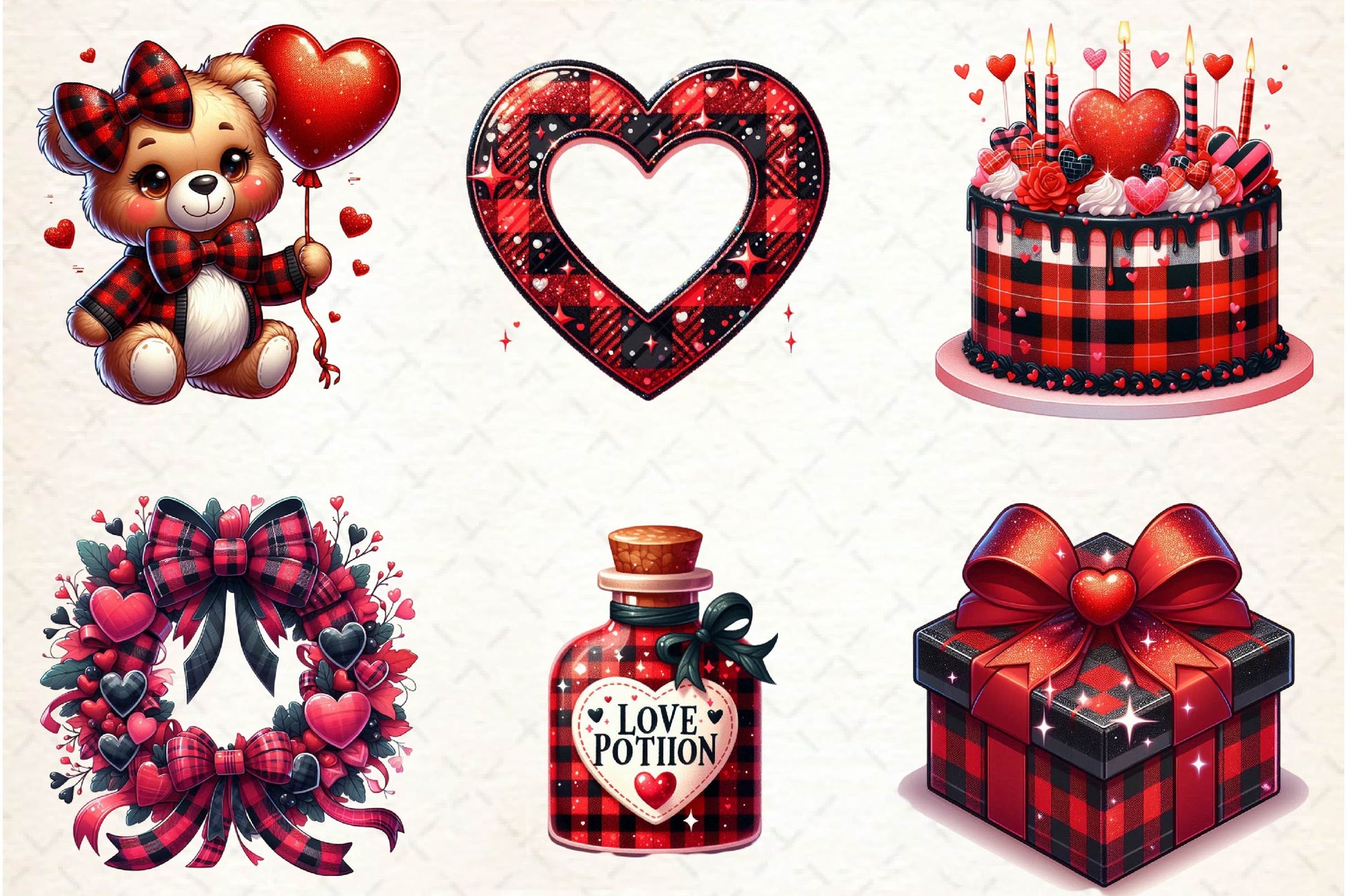 Red & Black Glitter Plaid Valentine Clipart Bundle - CraftNest - Digital Crafting and Art