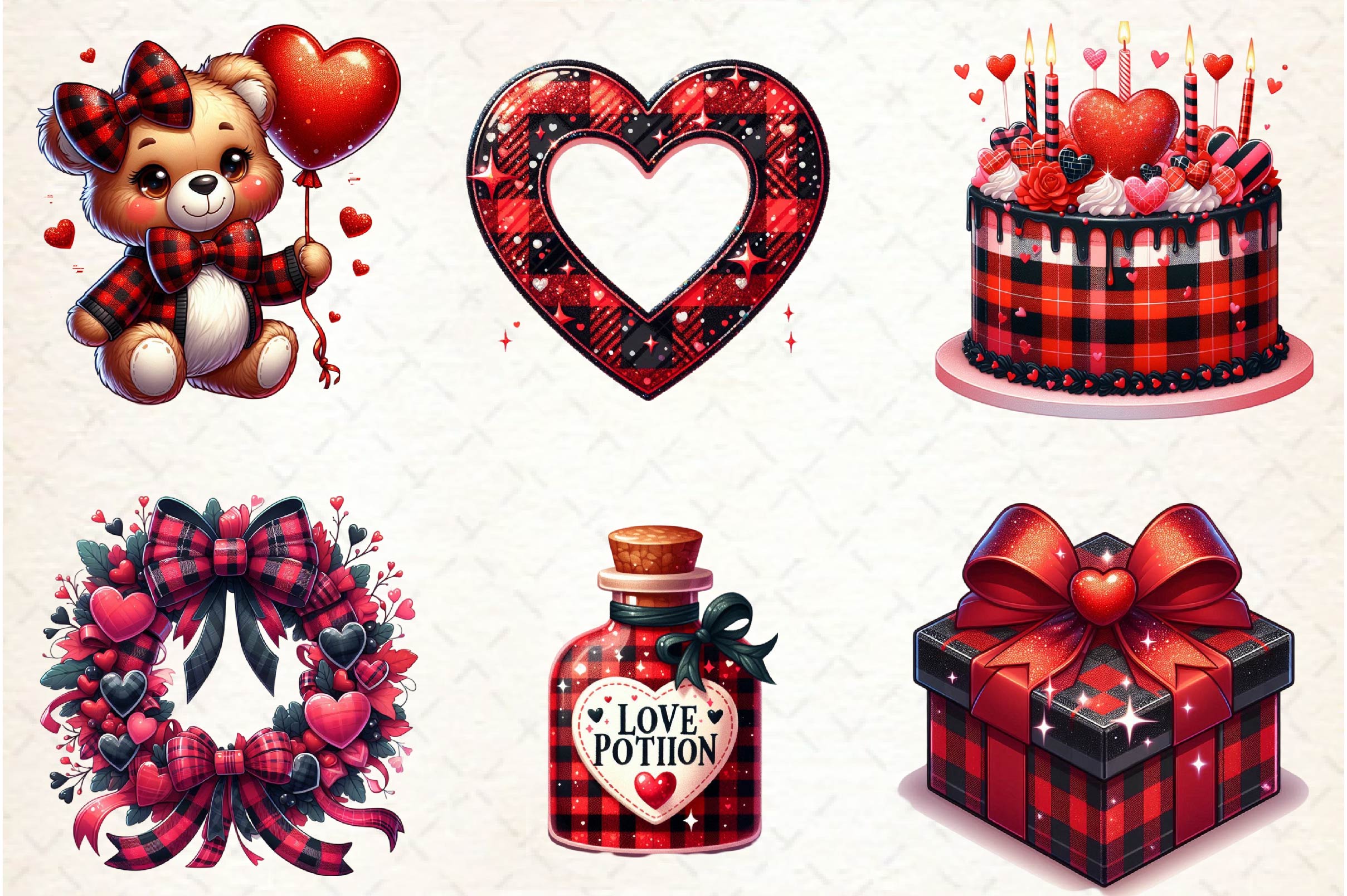 Red & Black Glitter Plaid Valentine Clipart Bundle - CraftNest - Digital Crafting and Art