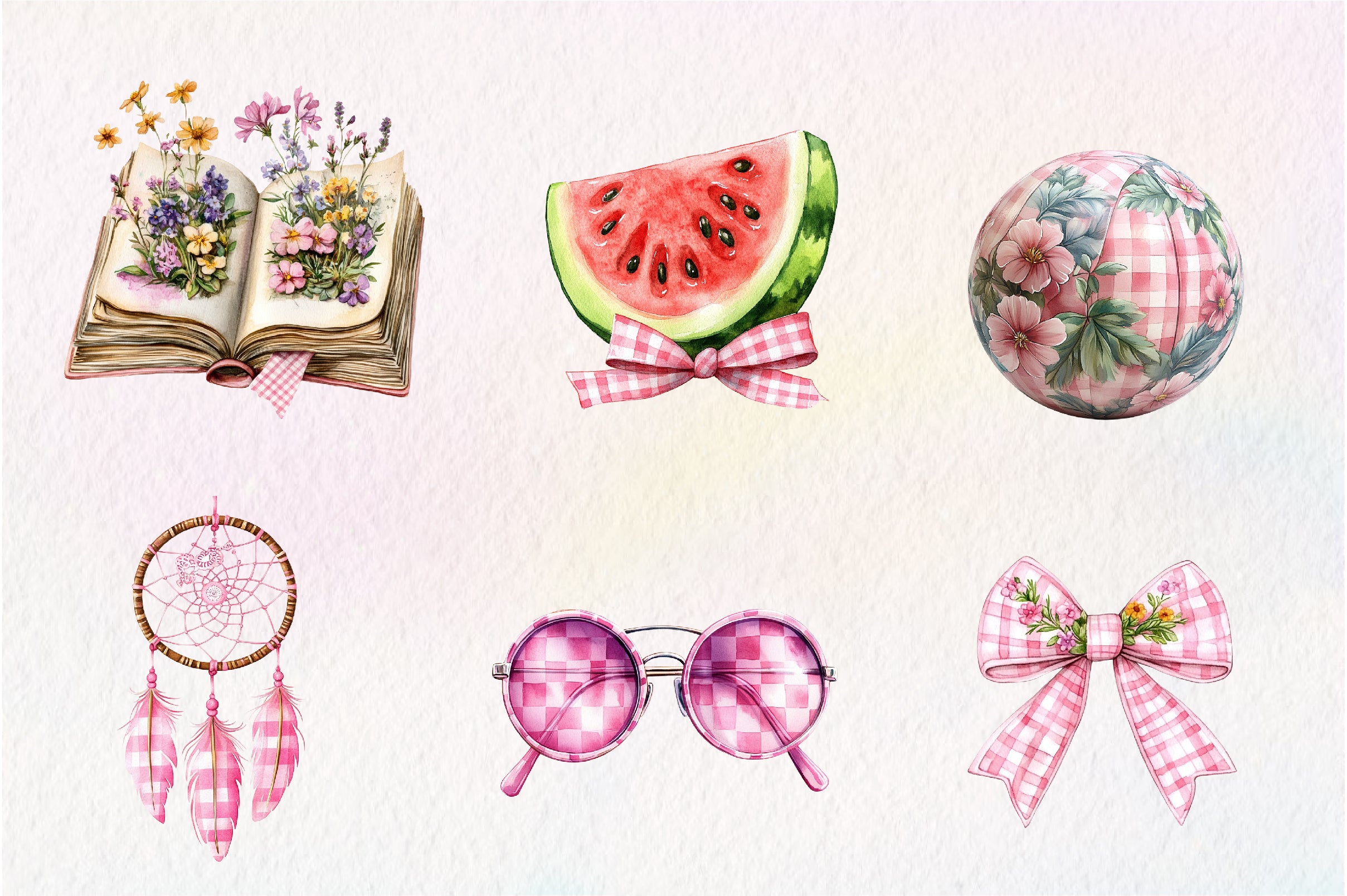 Bohemian Pink Gingham Summer Clipart Bundle - CraftNest - Digital Crafting and Art