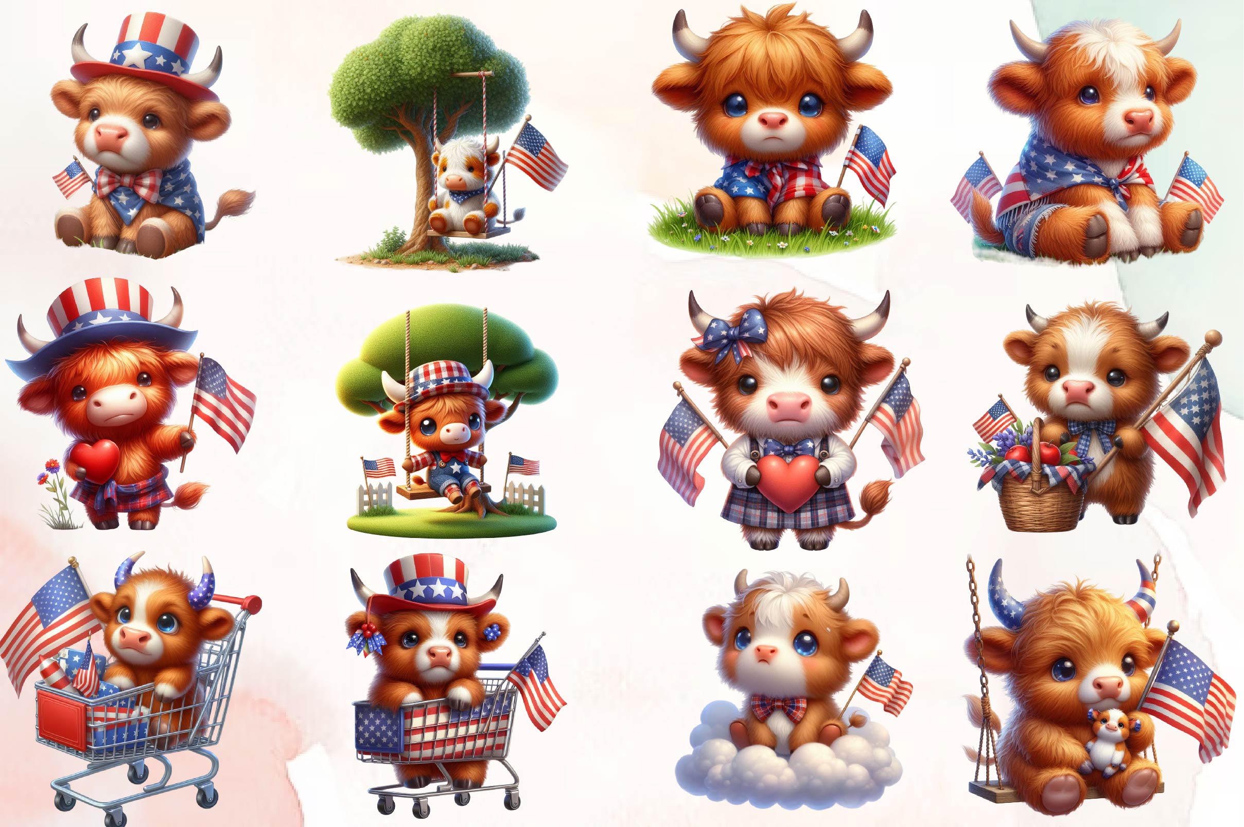 Patriotic Highland Cow Clipart Bundle 1 - CraftNest - Digital Crafting and Art