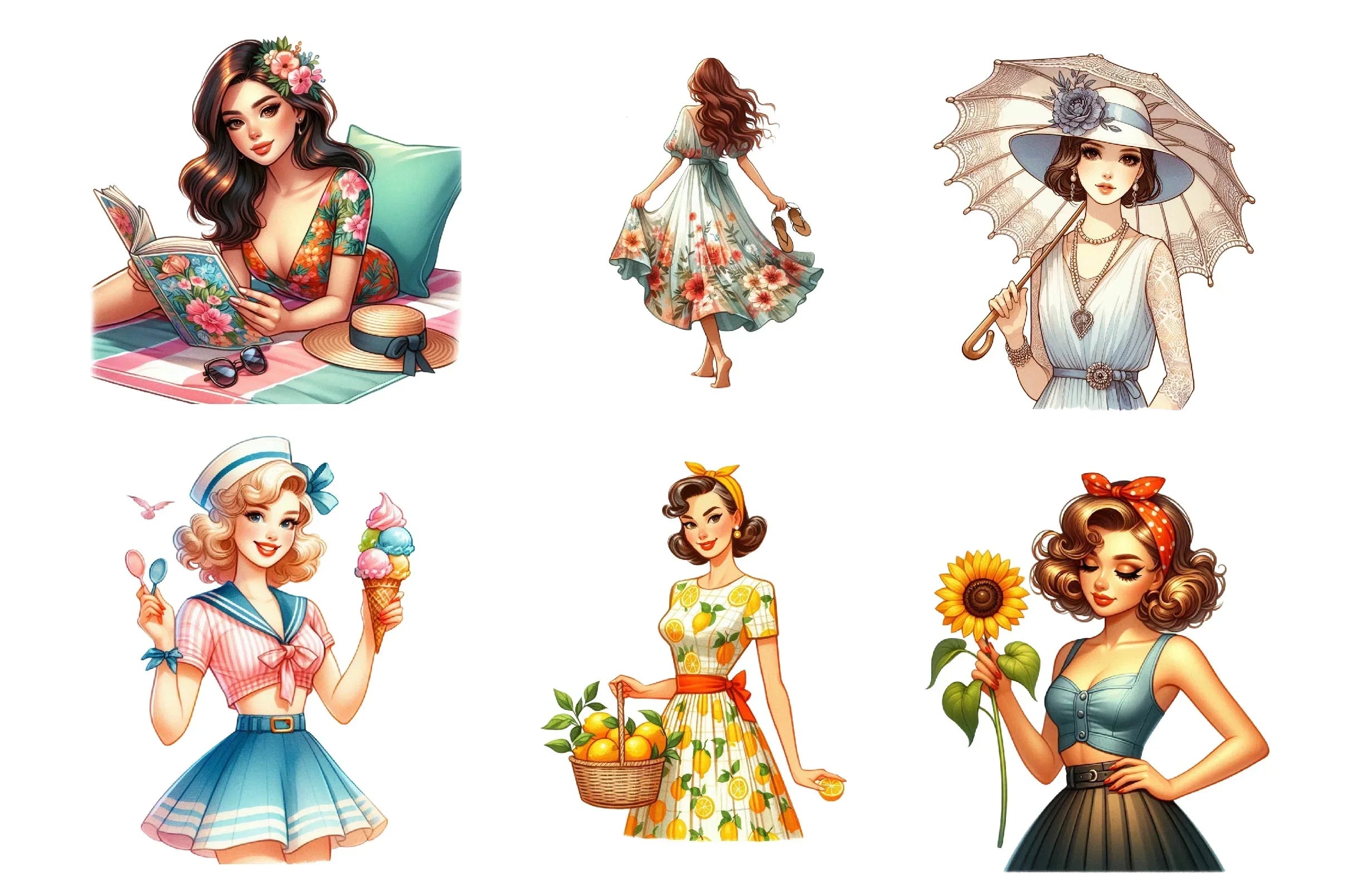 Summer Vintage Woman Clipart Bundle - CraftNest - Digital Crafting and Art