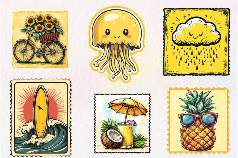 Yellow Summer Postage Stamps Clipart Bundle - CraftNest - Digital Crafting and Art