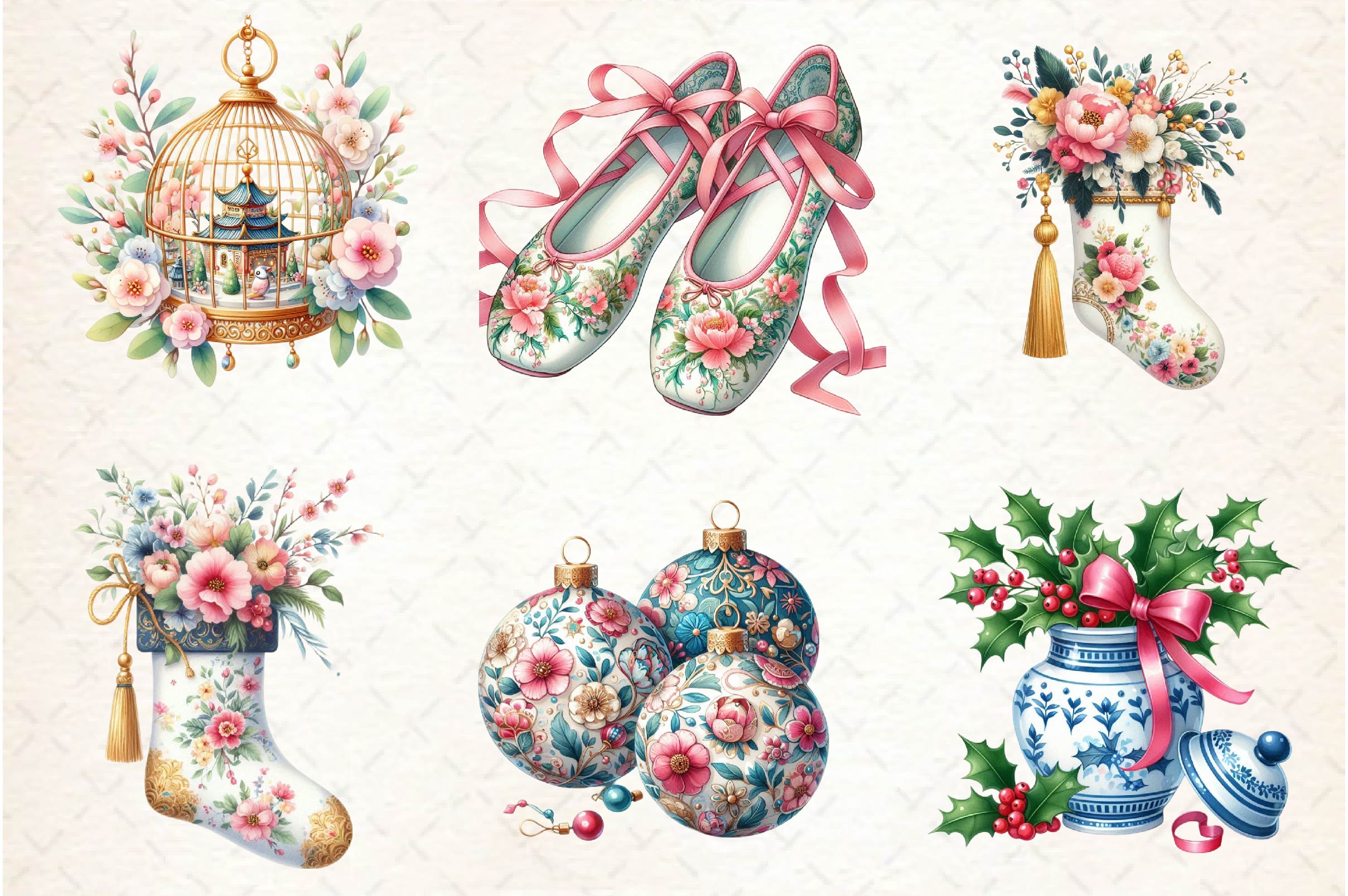 Coquette Chinoiserie Christmas Clipart Bundle - CraftNest - Digital Crafting and Art