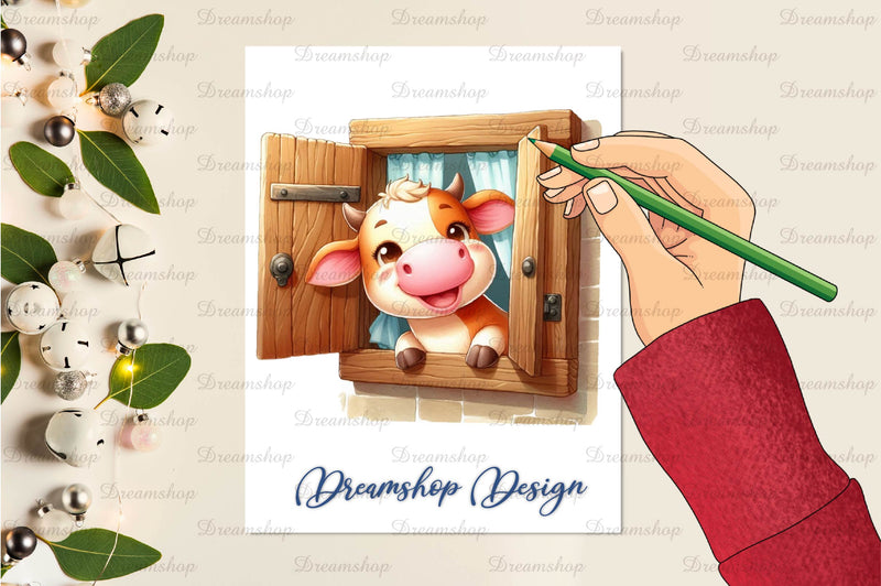 Cute Cows Peeking Wooden Window Clipart Bundle - CraftNest - Digital Crafting and Art