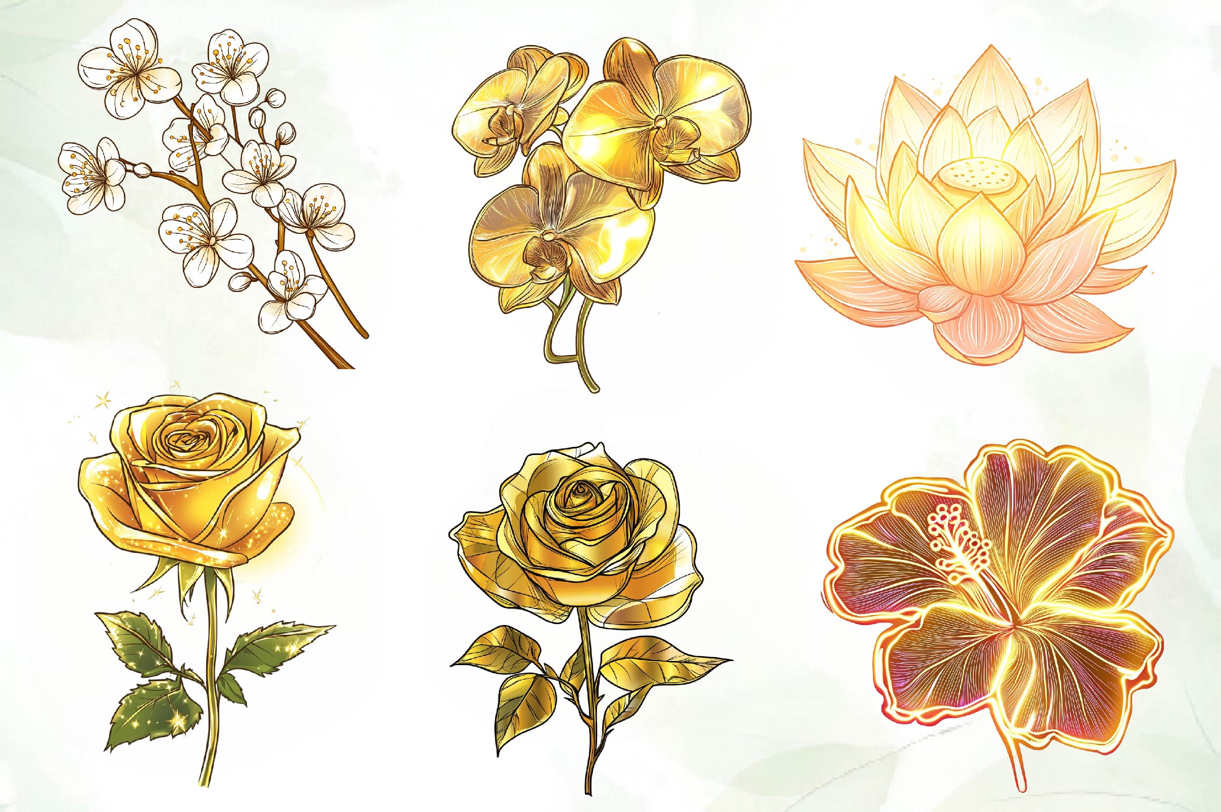 Gold Glowy Flowers Flower Clipart Bundle - CraftNest - Digital Crafting and Art