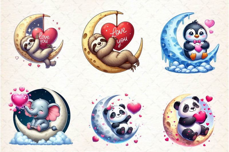 Valentine Animal On Moon Clipart Bundle - CraftNest - Digital Crafting and Art