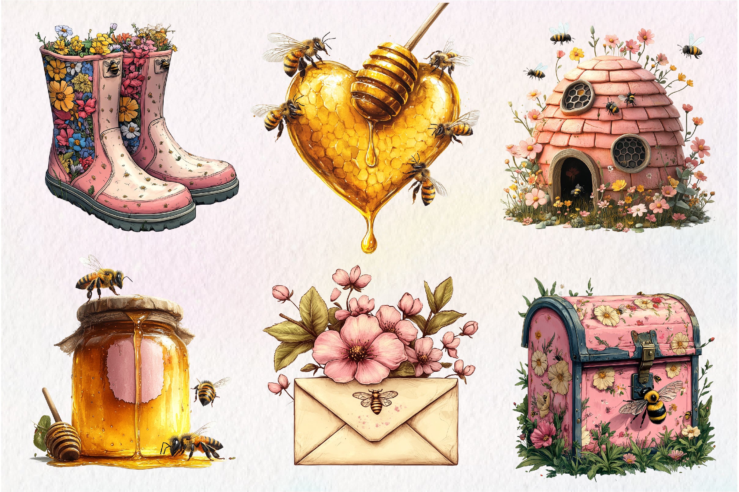 Pink Summer Bees Garden Clipart Bundle - CraftNest - Digital Crafting and Art