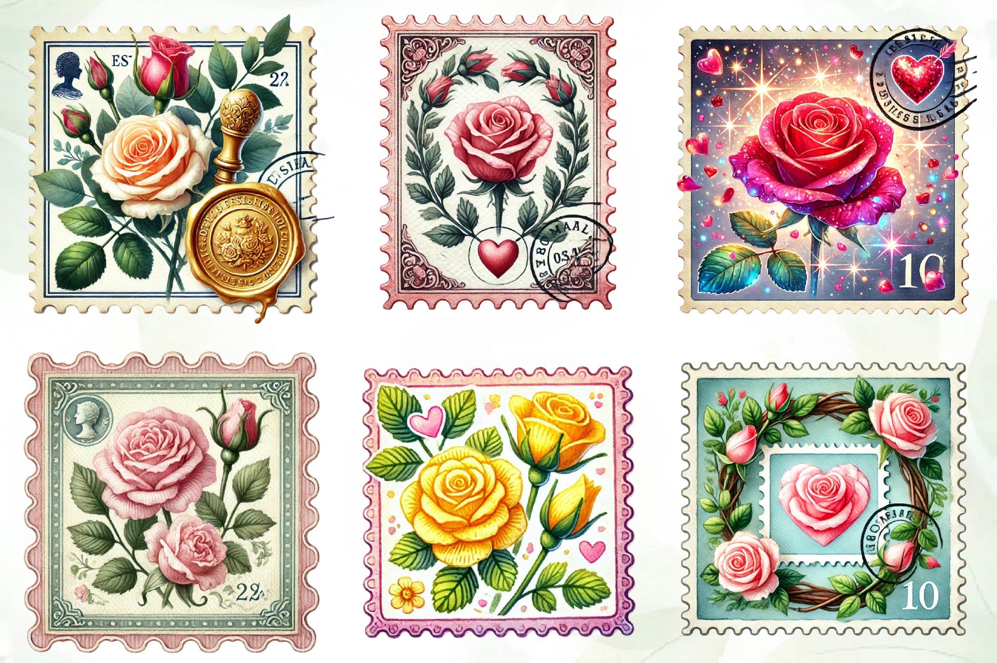 Valentine Rose Postage Stamp Clipart Bundle - CraftNest - Digital Crafting and Art