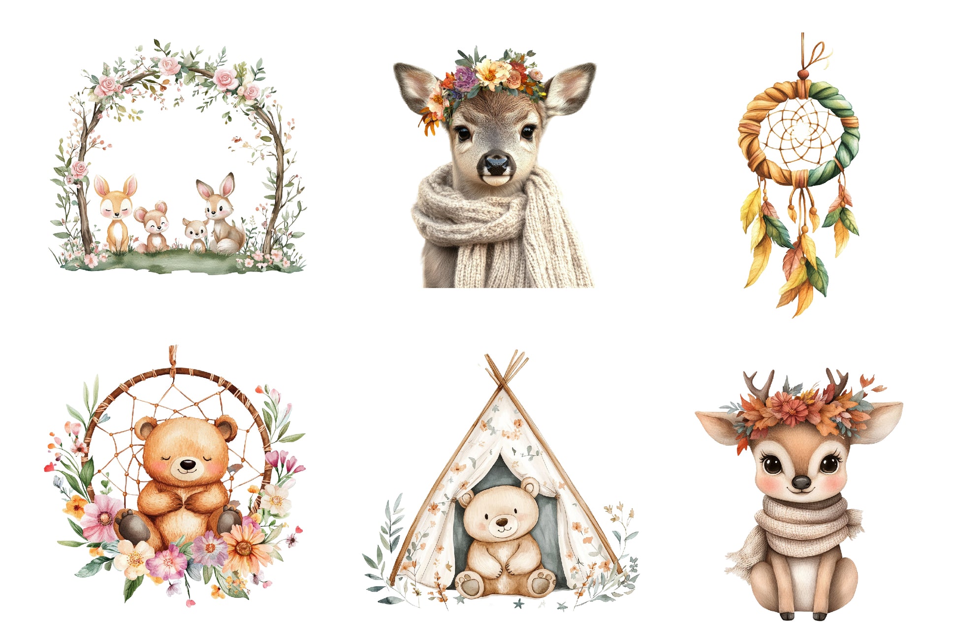 Boho Woodland Baby Floral Animals Clipart Bundle - CraftNest - Digital Crafting and Art