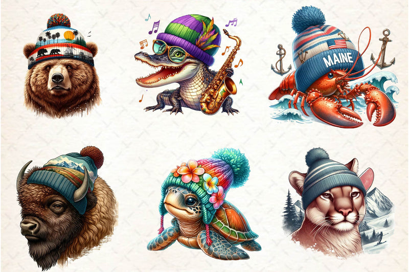 States Of Animals Wearing Knit Beanies Clipart Bundle - CraftNest - Digital Crafting and Art