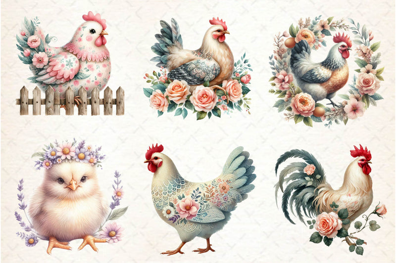 Vintage Spring Floral Chicken Clipart Bundle - CraftNest - Digital Crafting and Art