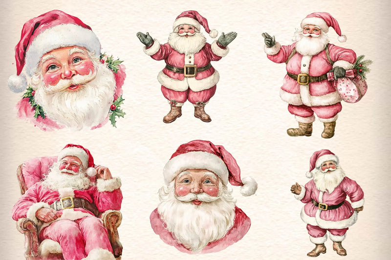 Vintage Pink Christmas Santa Clipart Bundle - CraftNest - Digital Crafting and Art