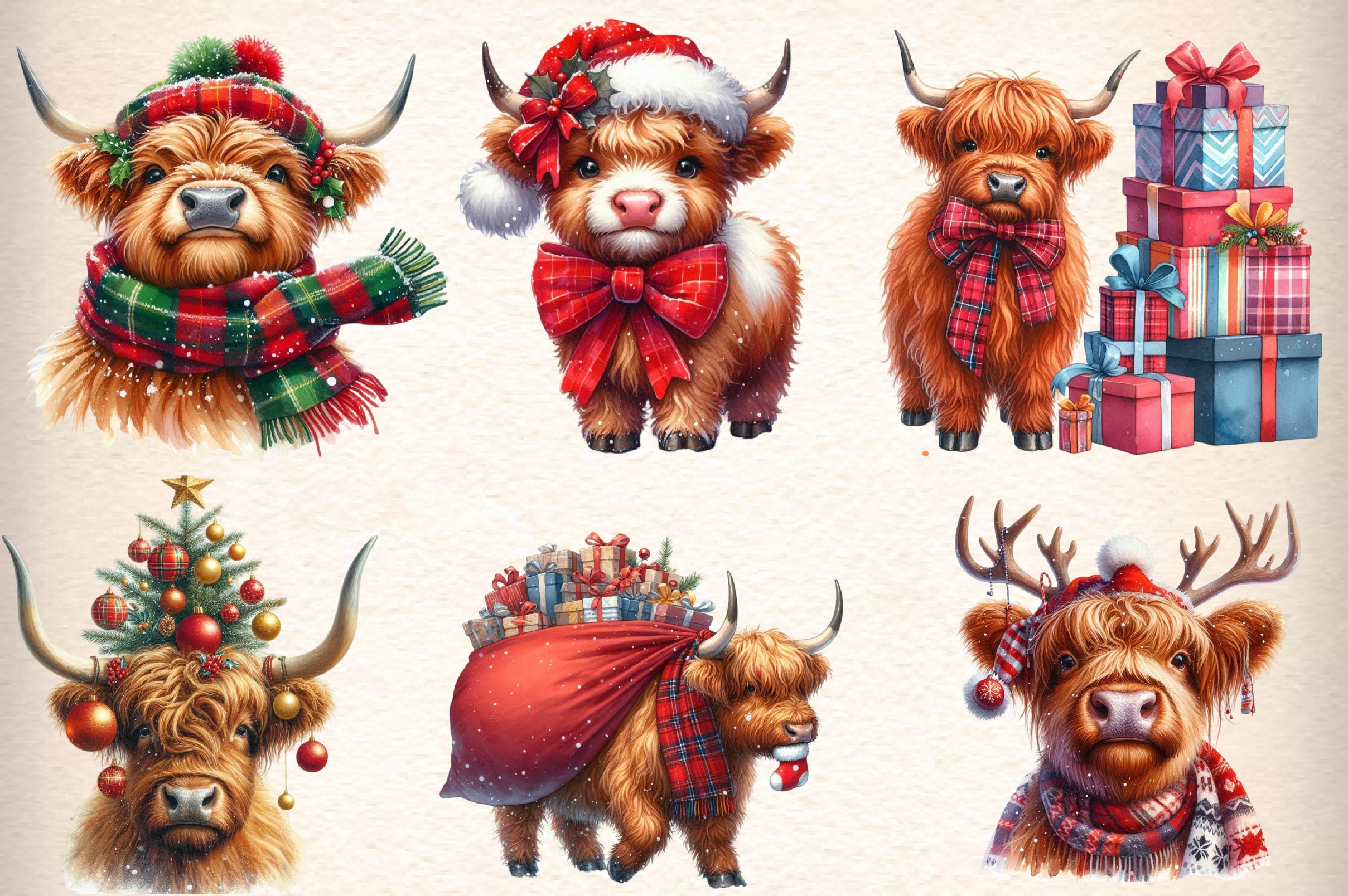 Christmas Highland Cow Clipart Bundle 6 - CraftNest - Digital Crafting and Art
