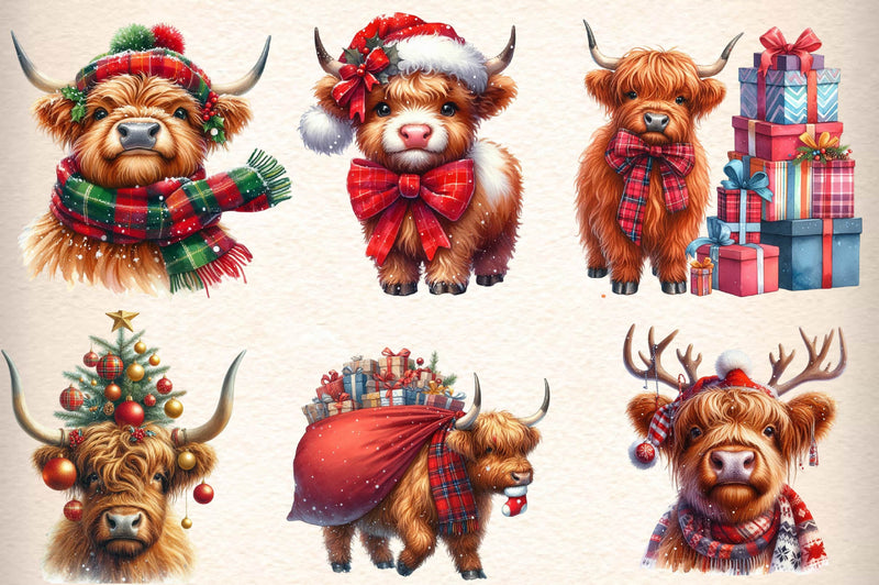 Christmas Highland Cow Clipart Bundle 6 - CraftNest - Digital Crafting and Art