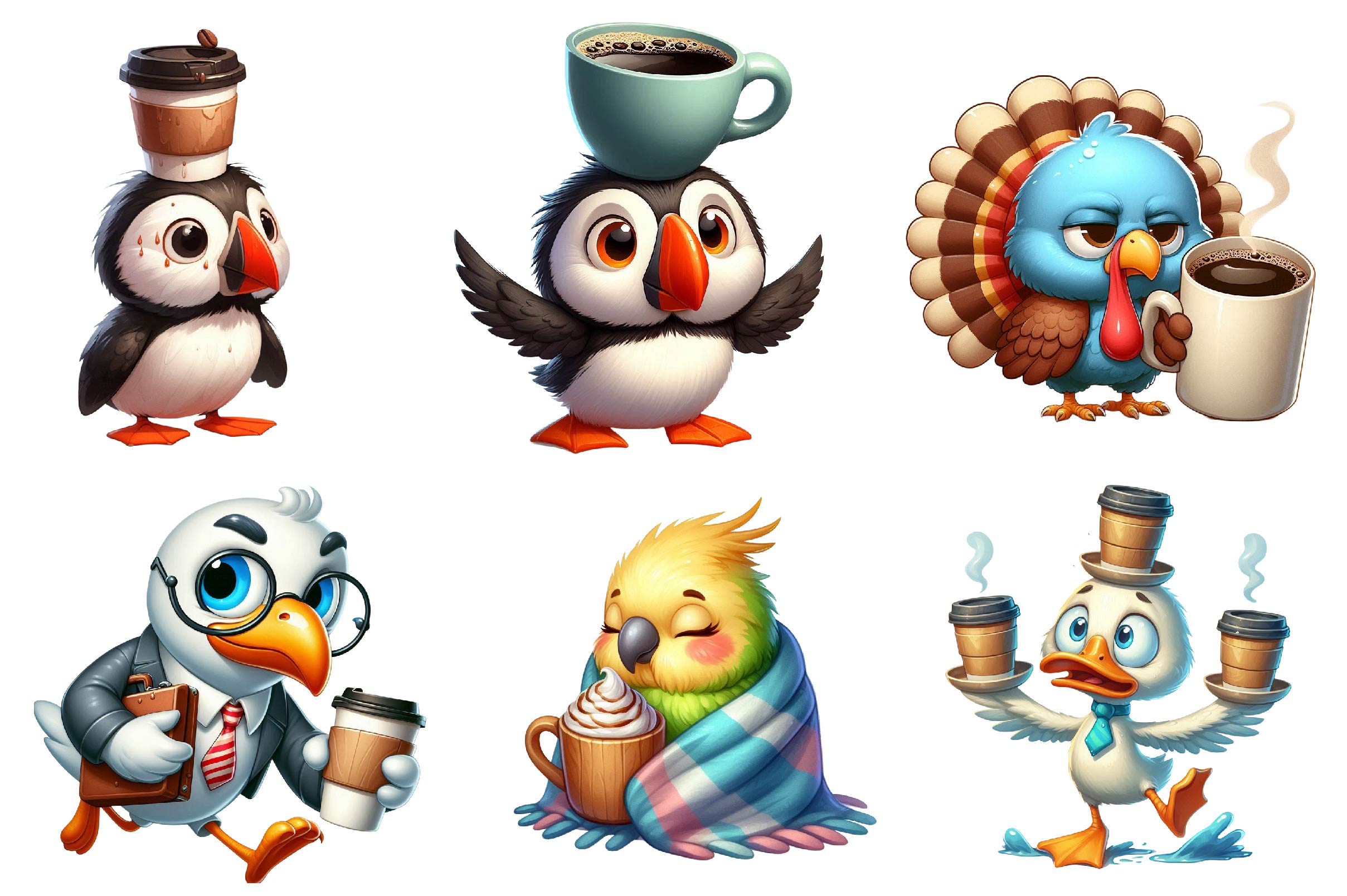 Funny Cartoon Caffeinated Quirky Bird Clipart Bundle - CraftNest - Digital Crafting and Art