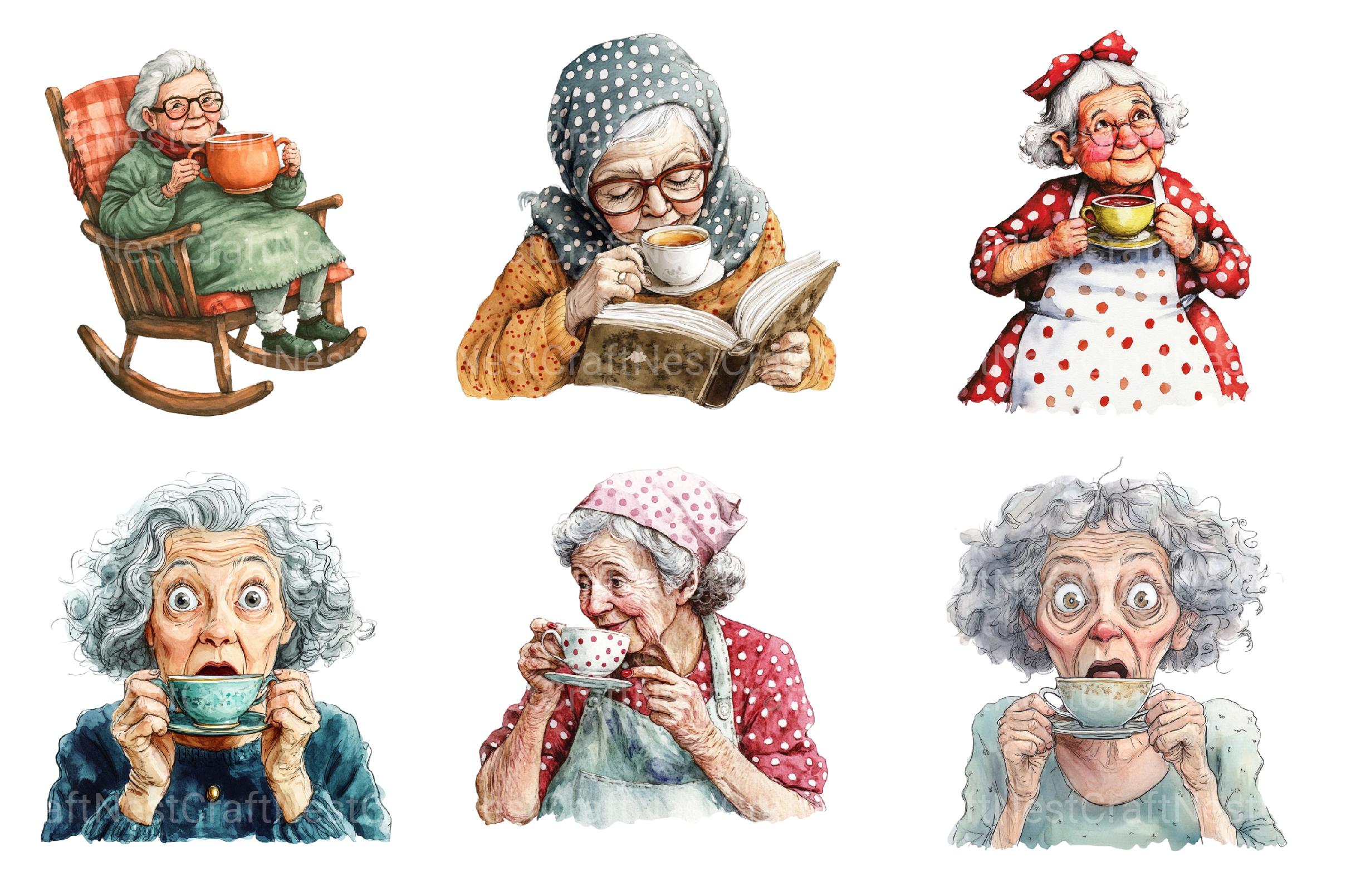 Quirky Old Lady Drinks Tea Clipart - CraftNest - Digital Crafting and Art