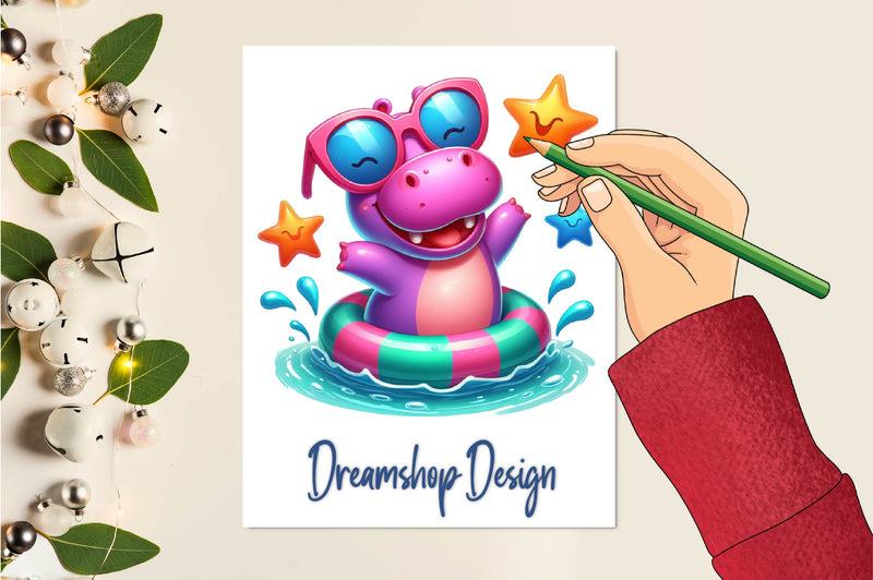 Funny Hippo In Pool Party Clipart Bundle - CraftNest - Digital Crafting and Art