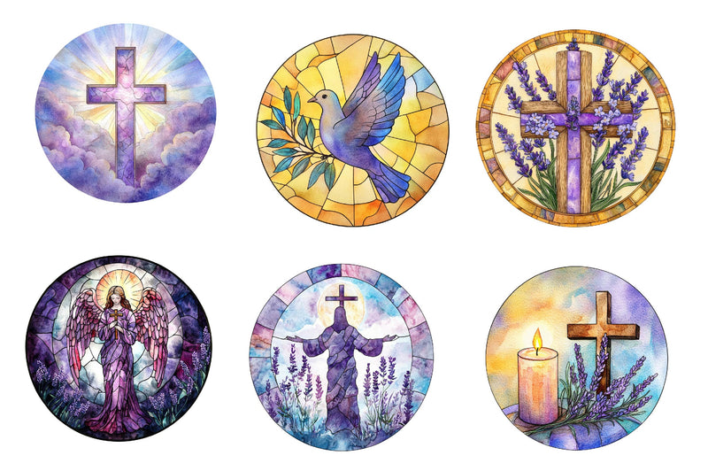 Round Lavender Blessing & Cross Stained Glass Clipart Bundle - CraftNest - Digital Crafting and Art