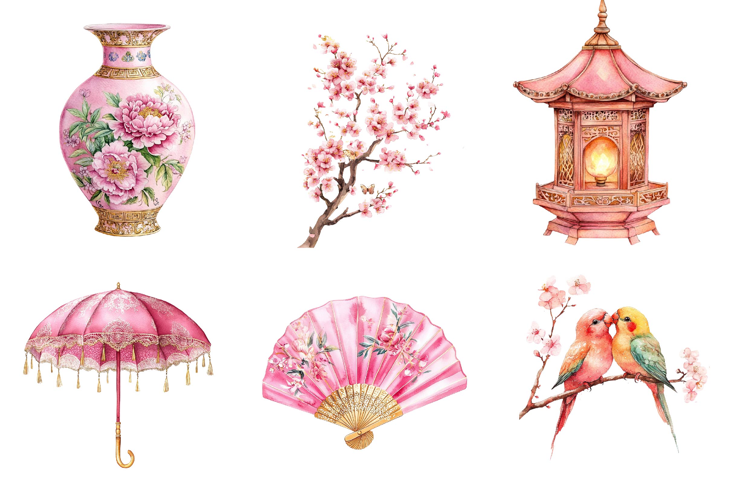 Pink Chinoiserie Summer Clipart Bundle 1 - CraftNest - Digital Crafting and Art