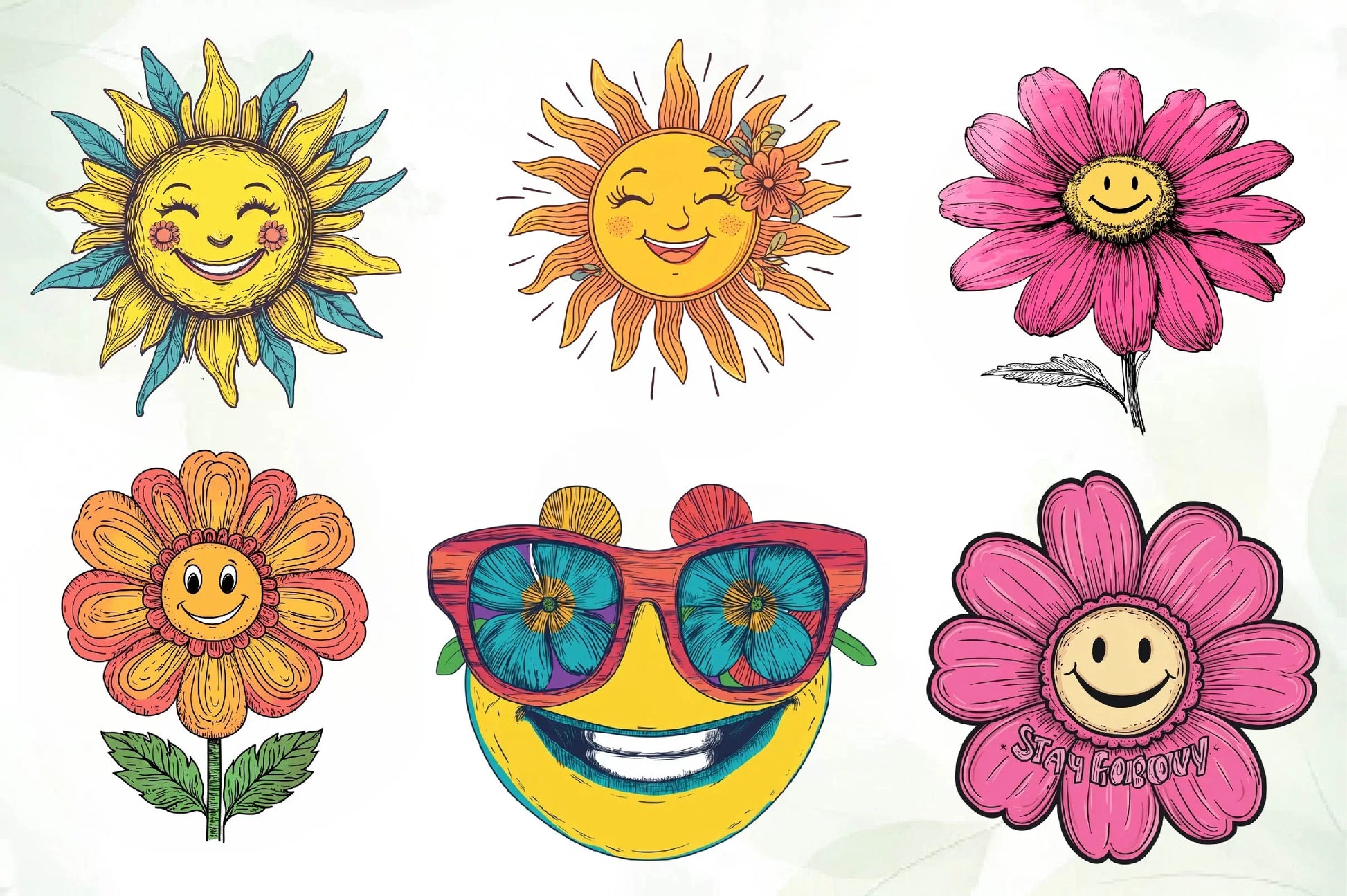 Retro Happy Face Floral Clipart Bundle - CraftNest - Digital Crafting and Art