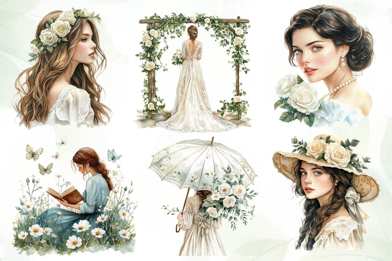 Spring White Roses And Woman Clipart Bundle - CraftNest - Digital Crafting and Art
