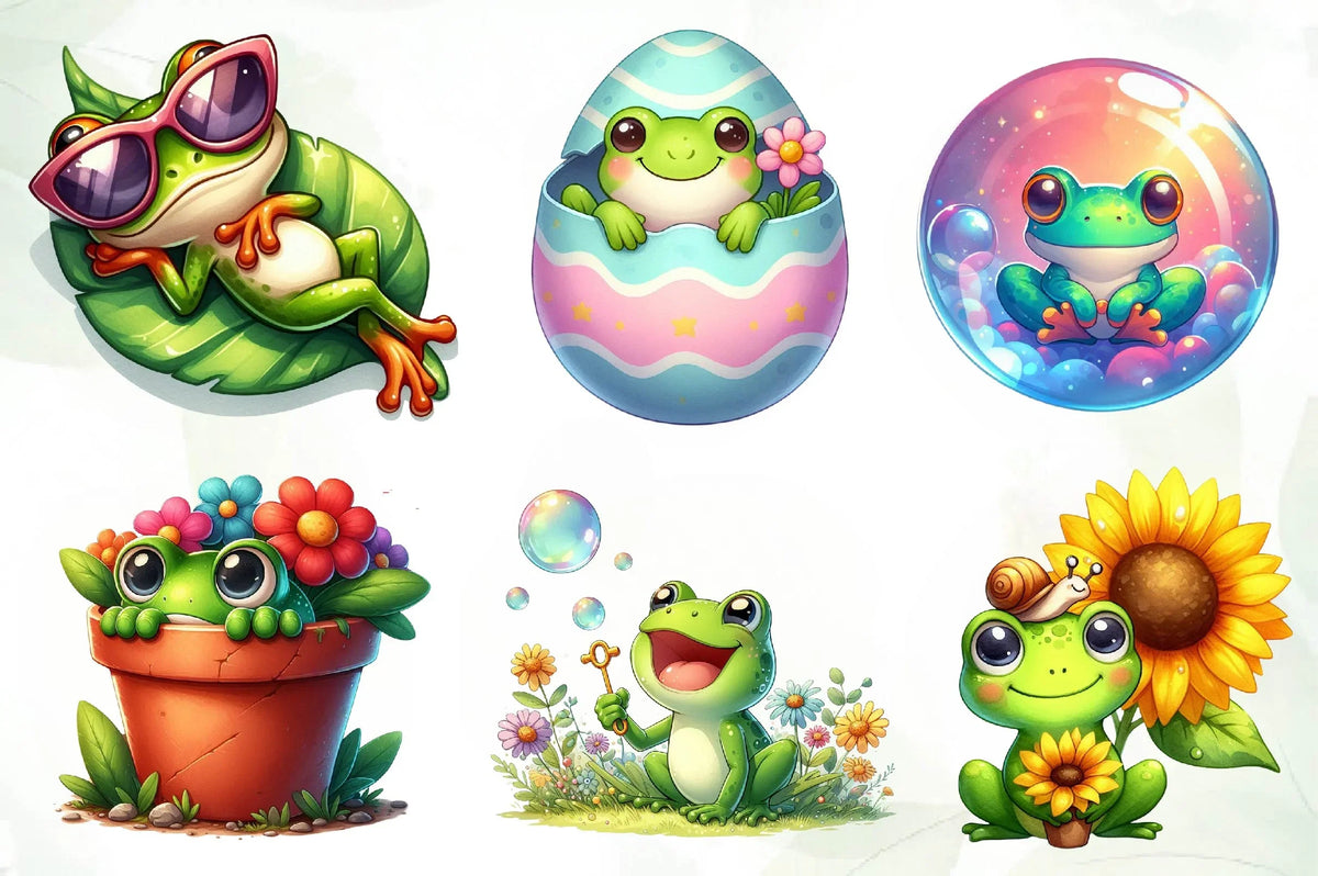 Spring Fun Graphics Spring Funny Frog Clipart Bundle