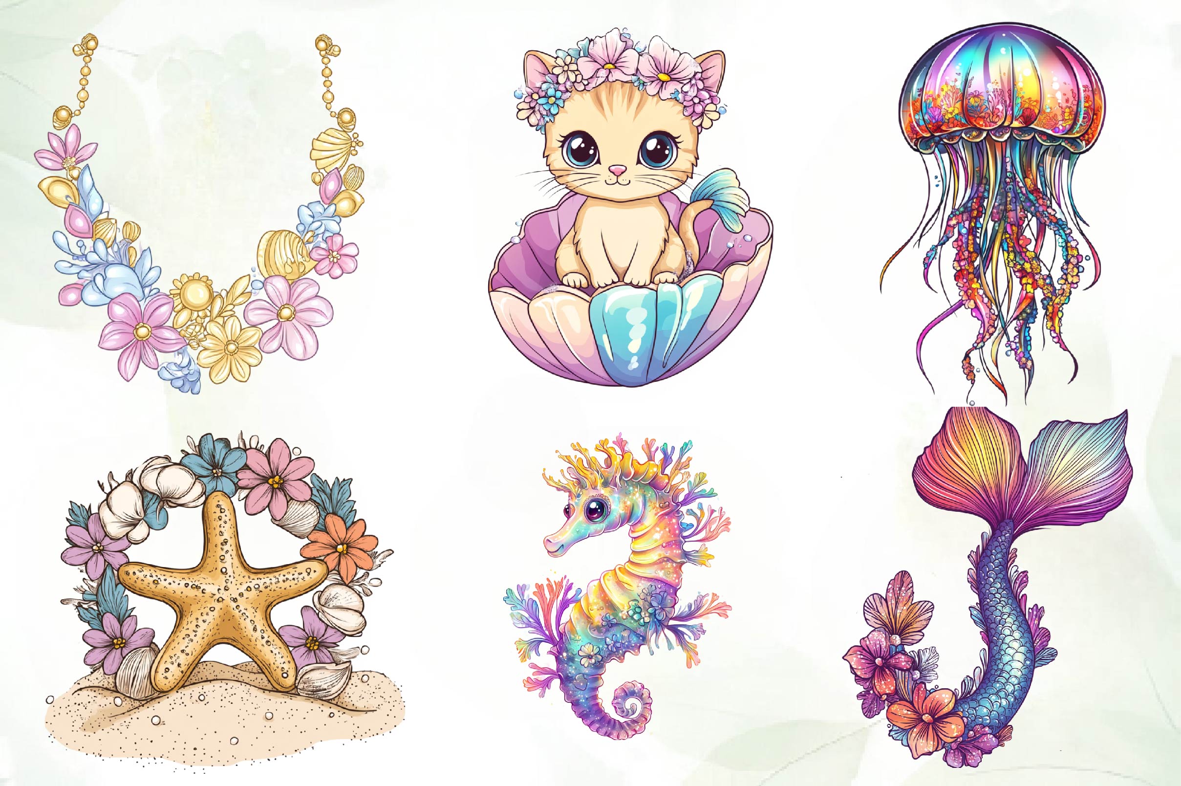 Seashell Mermaid Flower Clipart Bundle - CraftNest - Digital Crafting and Art