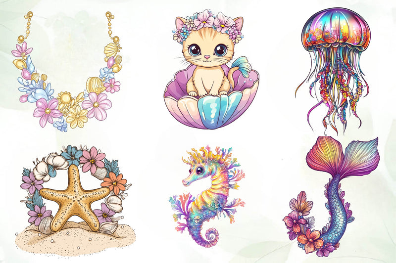Seashell Mermaid Flower Clipart Bundle - CraftNest - Digital Crafting and Art