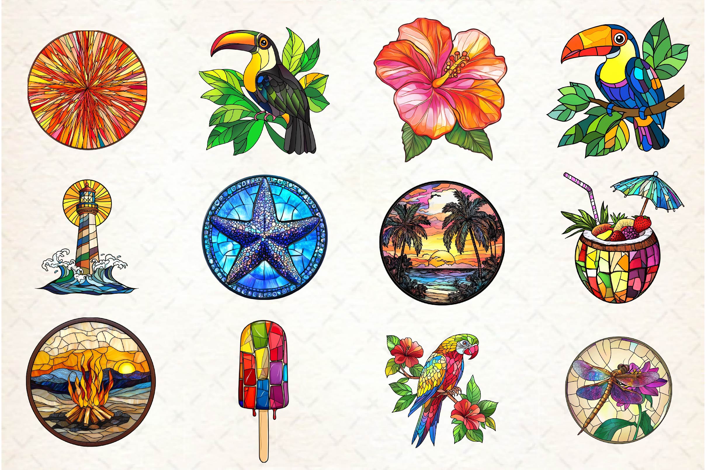 Round Stained Glass Summer Clipart Bundle 1 - CraftNest - Digital Crafting and Art