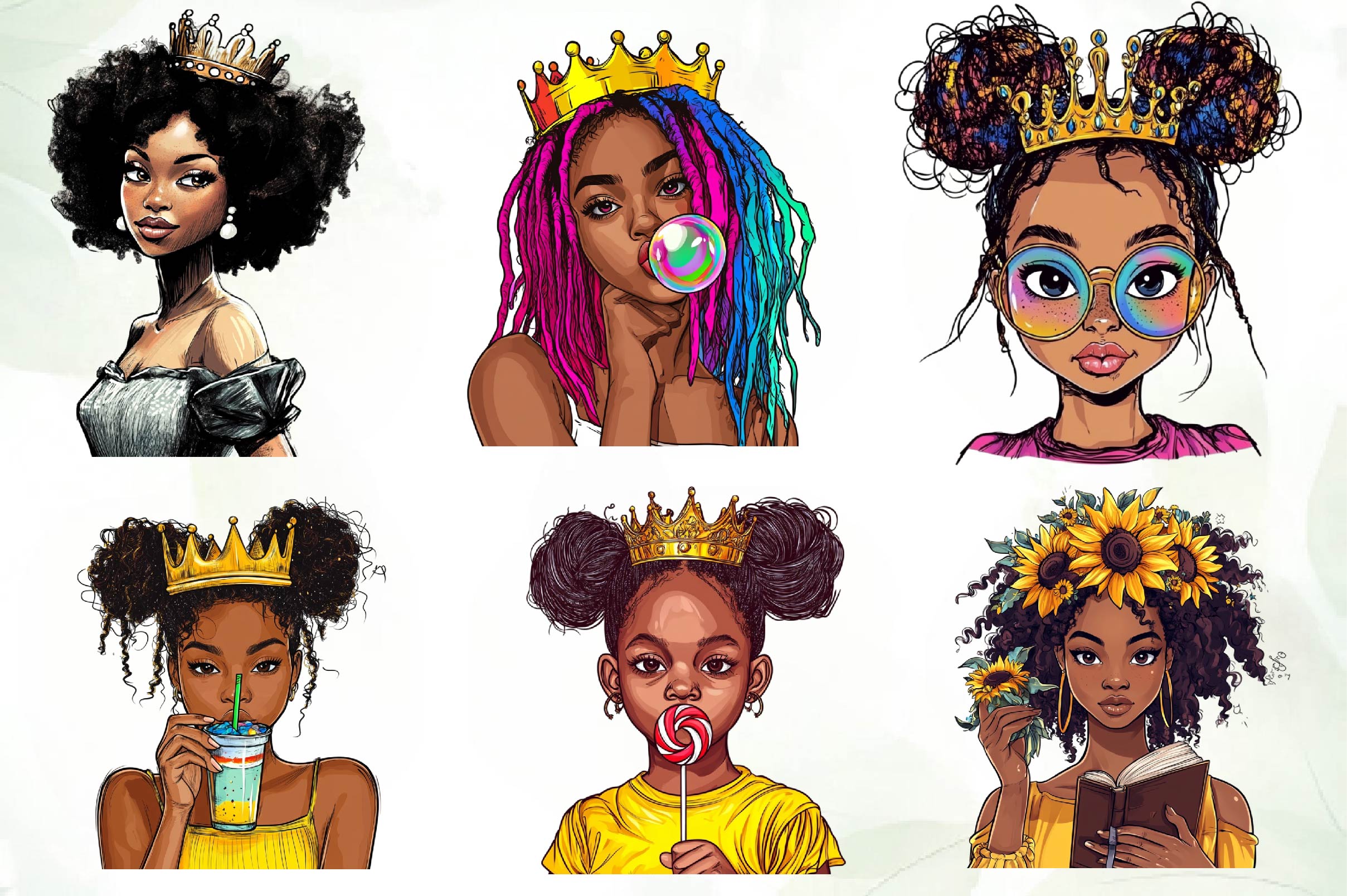 Quirky African American Girl With Crown Clipart Bundle - CraftNest - Digital Crafting and Art
