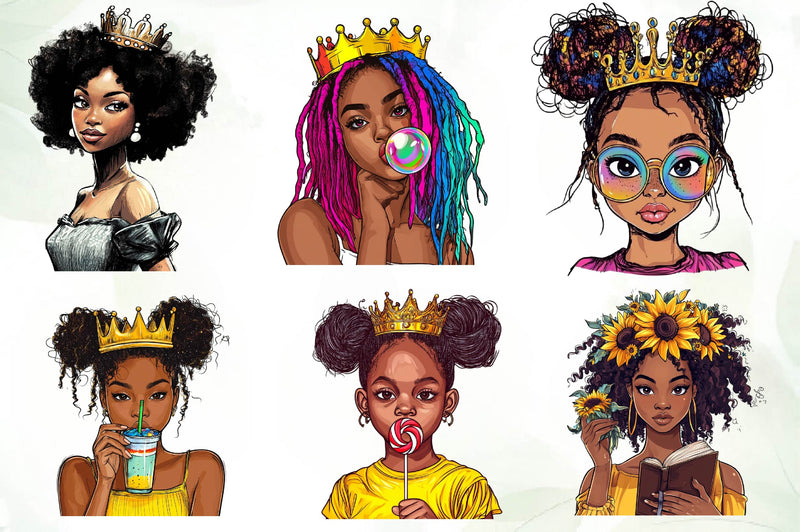 Quirky African American Girl With Crown Clipart Bundle - CraftNest - Digital Crafting and Art
