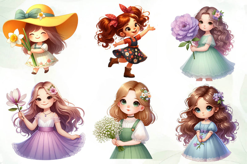 Spring Girl Holding Flower Clipart Bundle - CraftNest - Digital Crafting and Art