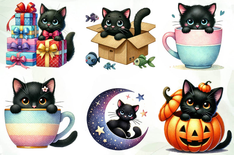 Cute Black Cat Peeking Clipart Bundle - CraftNest - Digital Crafting and Art