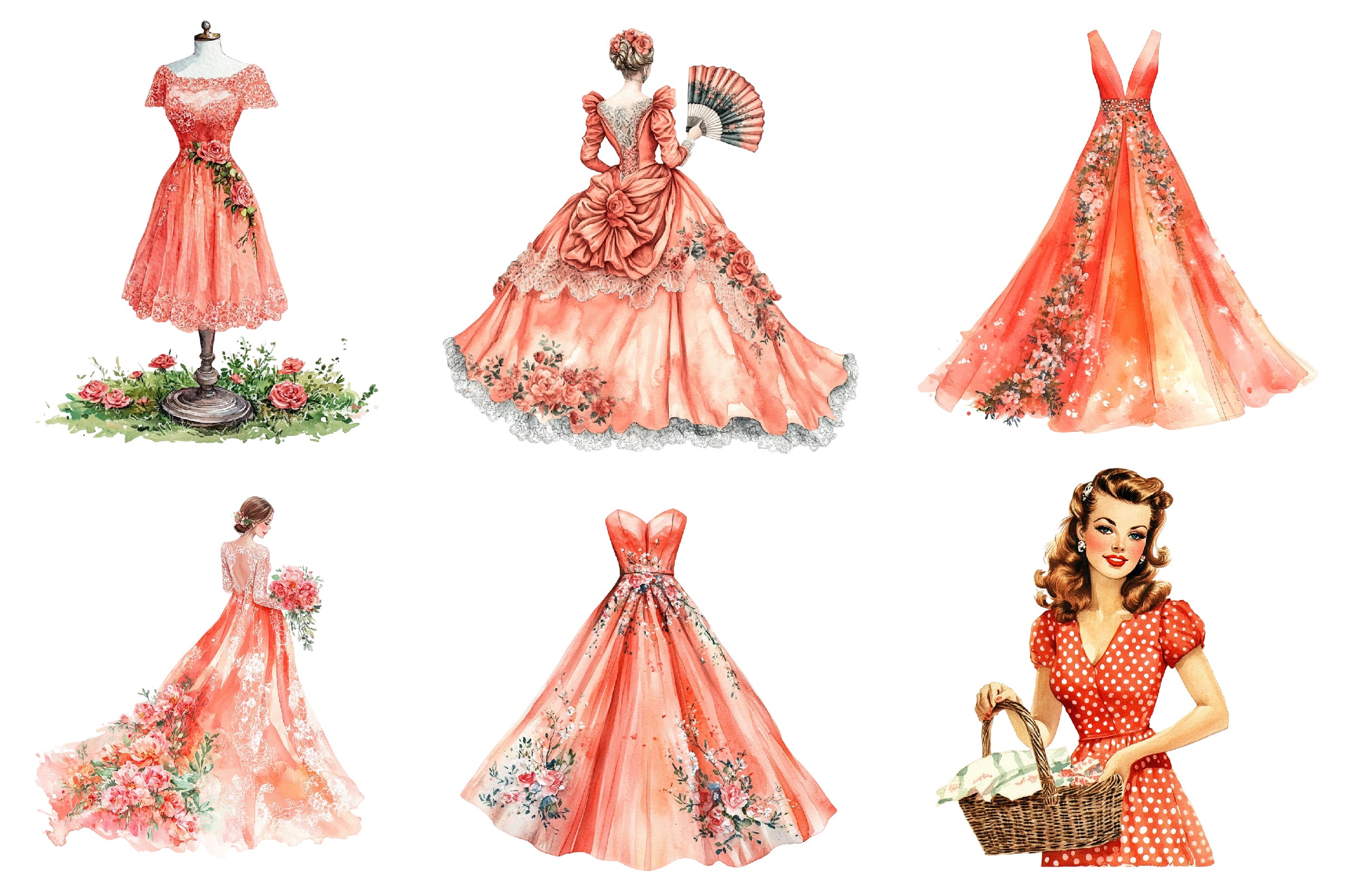 Coral Spring Vintage Woman Clipart Bundle - CraftNest - Digital Crafting and Art