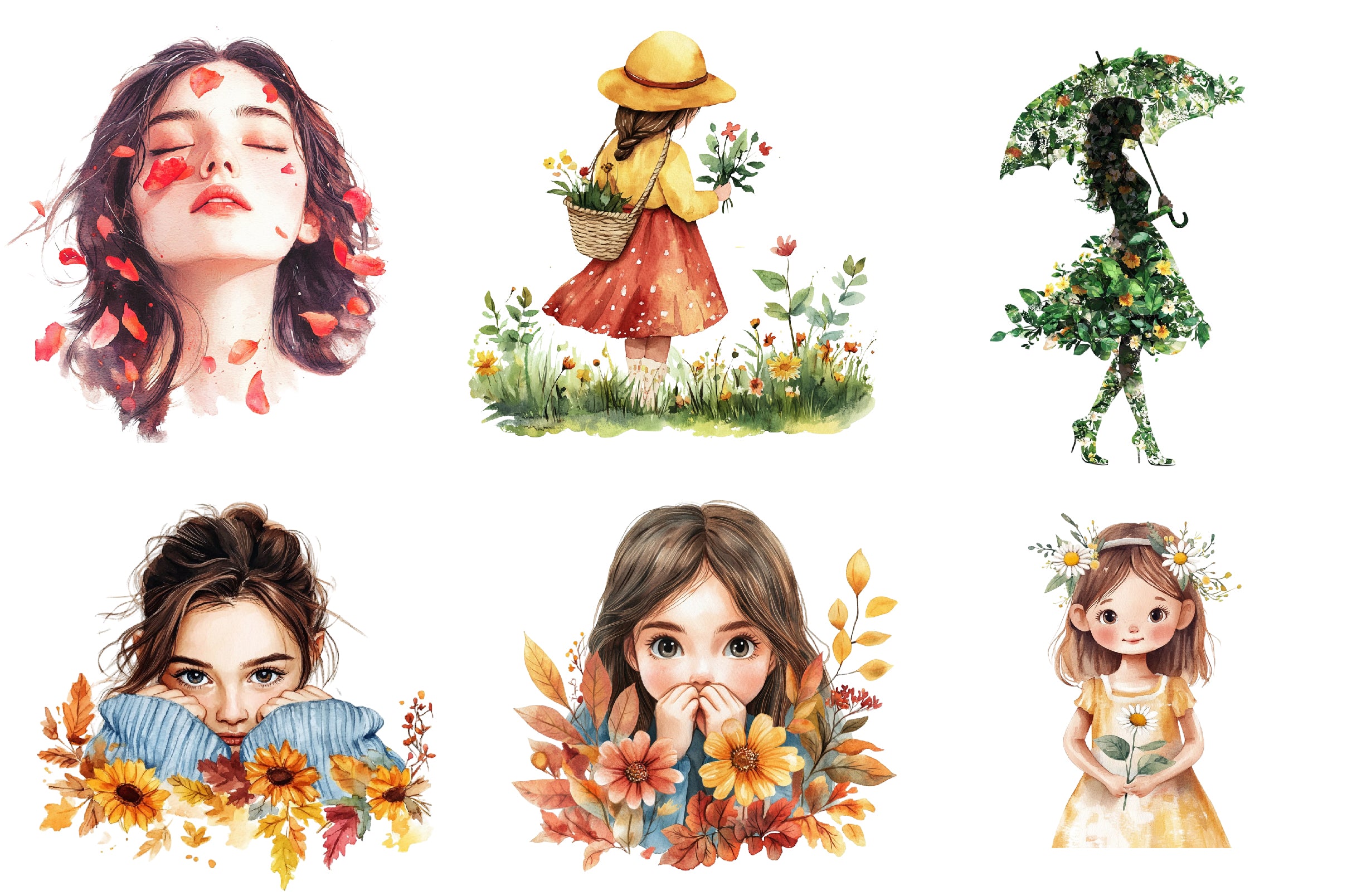 Girls With Fall Flowers Clipart Bundle - CraftNest - Digital Crafting and Art