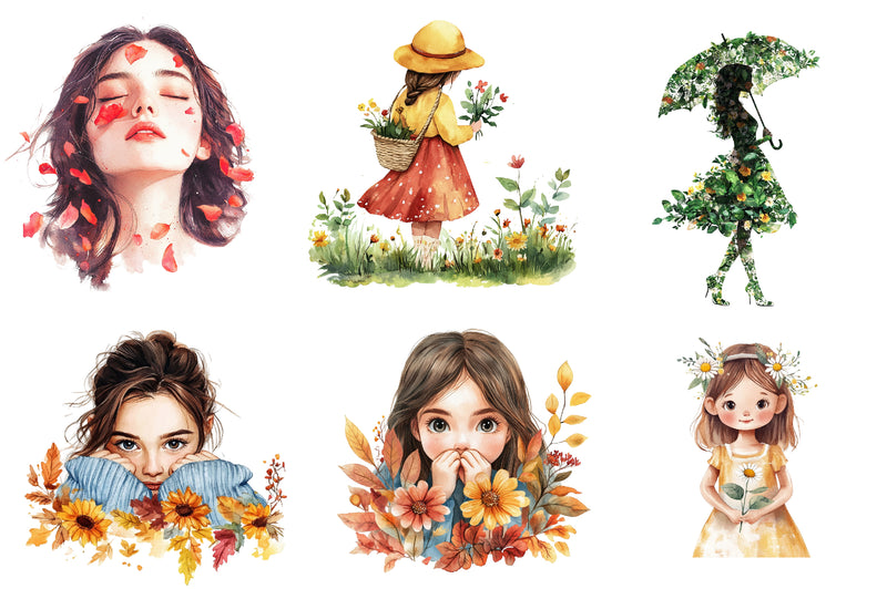 Girls With Fall Flowers Clipart Bundle - CraftNest - Digital Crafting and Art