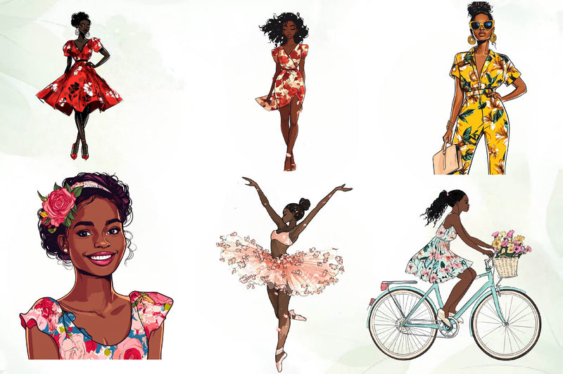 Floral Dress Black Girls Clipart Bundle - CraftNest - Digital Crafting and Art