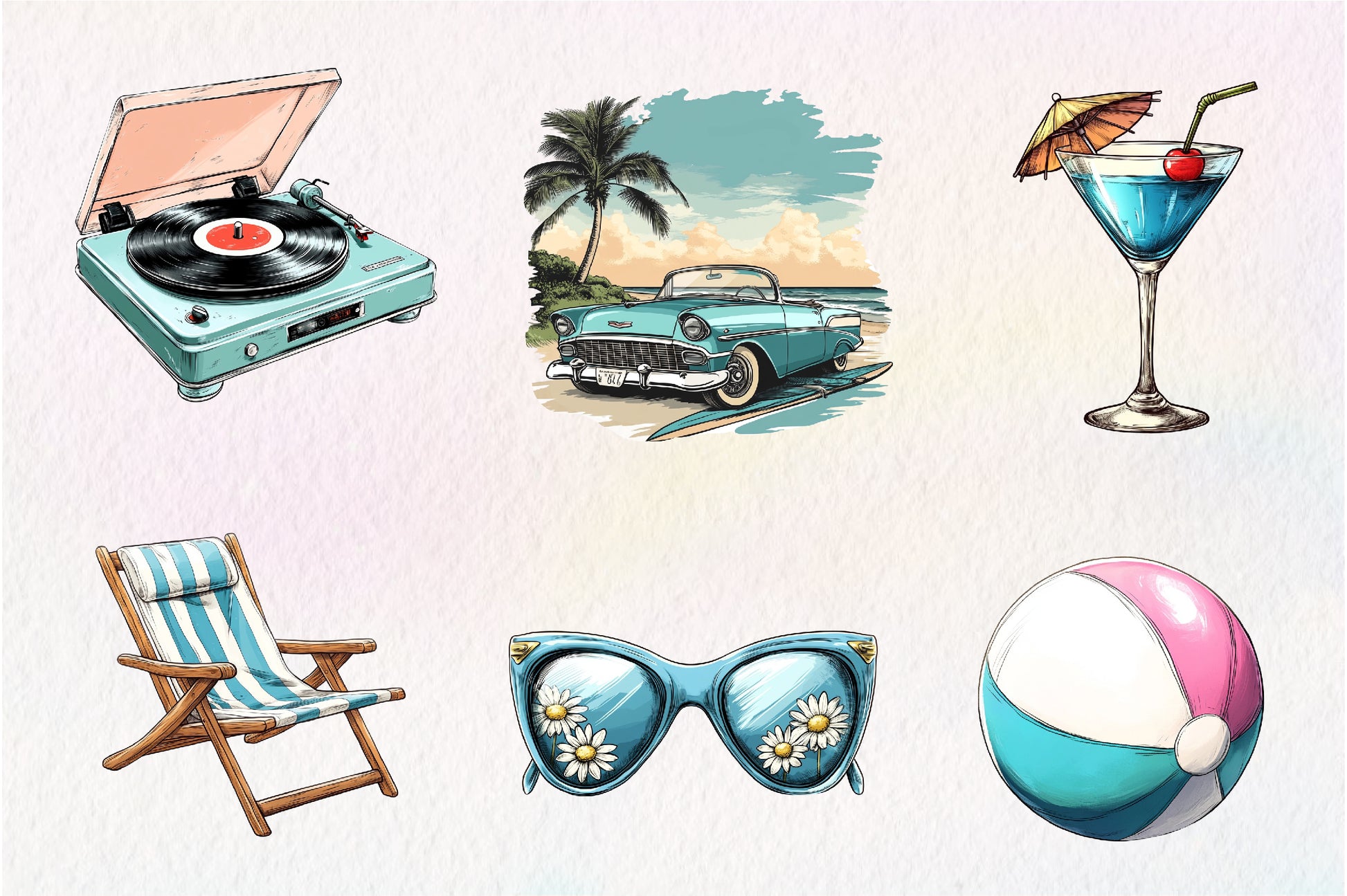 Aqua Color 1950s Style Beach Day Clipart Bundle - CraftNest - Digital Crafting and Art