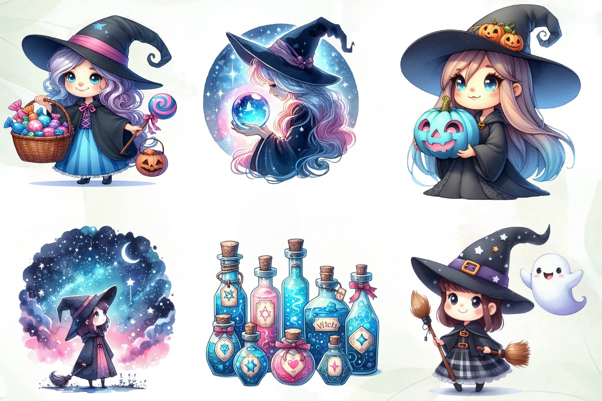Cute Blue & Pink Witch Clipart Bundle - CraftNest - Digital Crafting and Art
