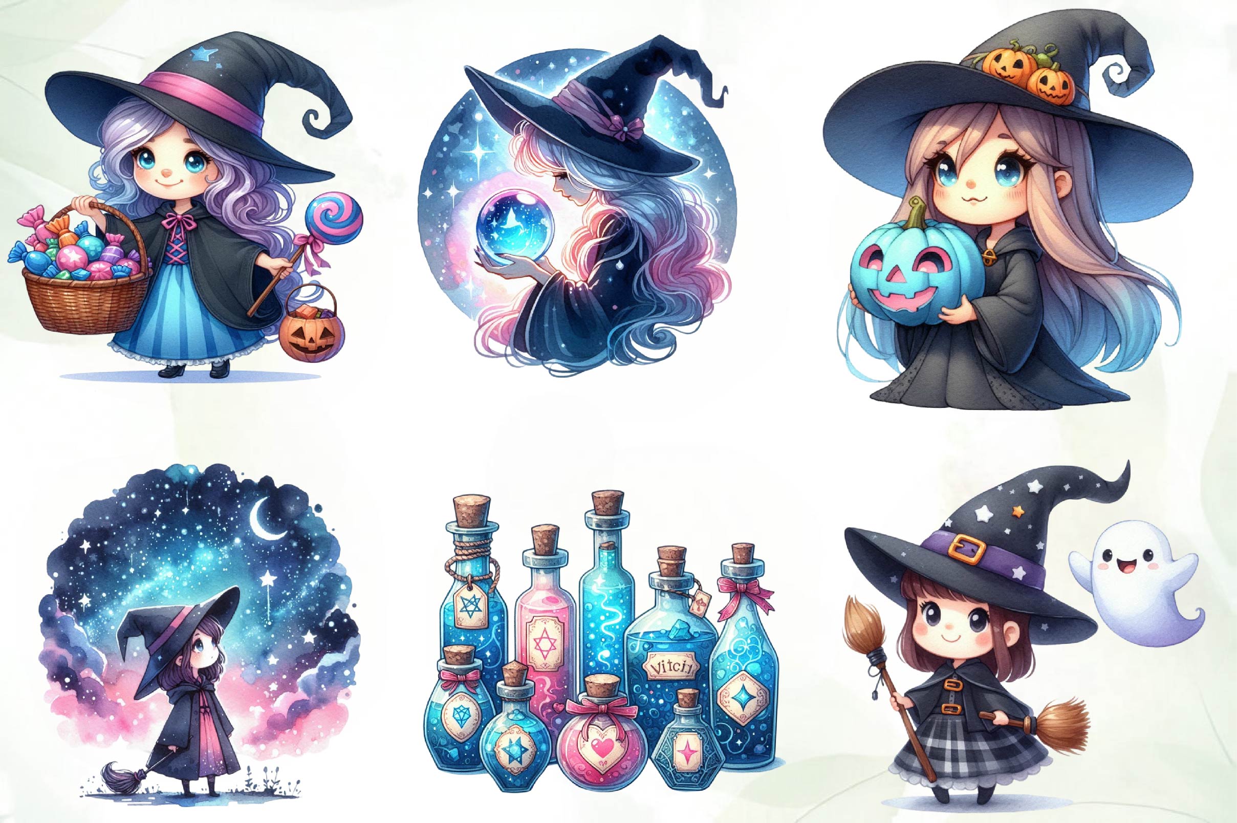 Cute Blue & Pink Witch Clipart Bundle - CraftNest - Digital Crafting and Art