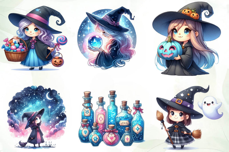 Cute Blue & Pink Witch Clipart Bundle - CraftNest - Digital Crafting and Art