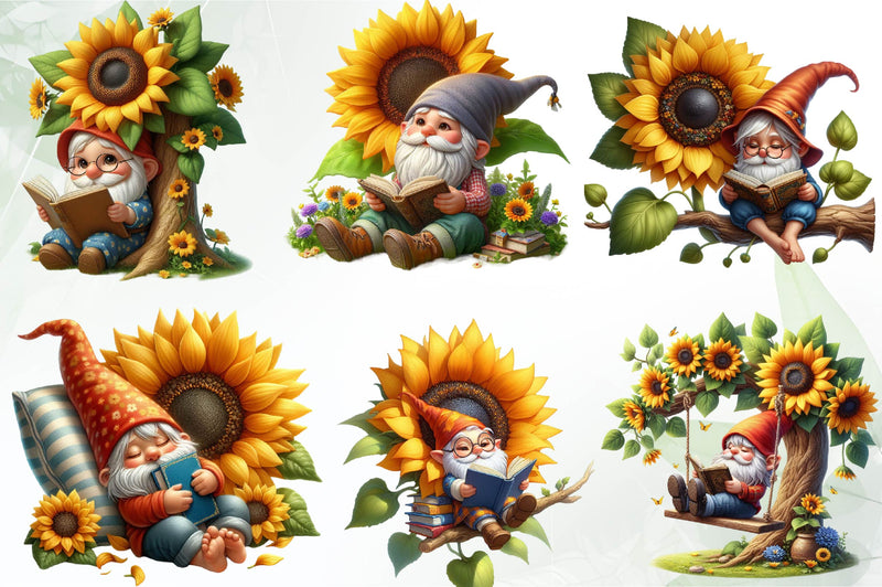 Sunflower Gnomes Reading Book Clipart Bundle - CraftNest - Digital Crafting and Art
