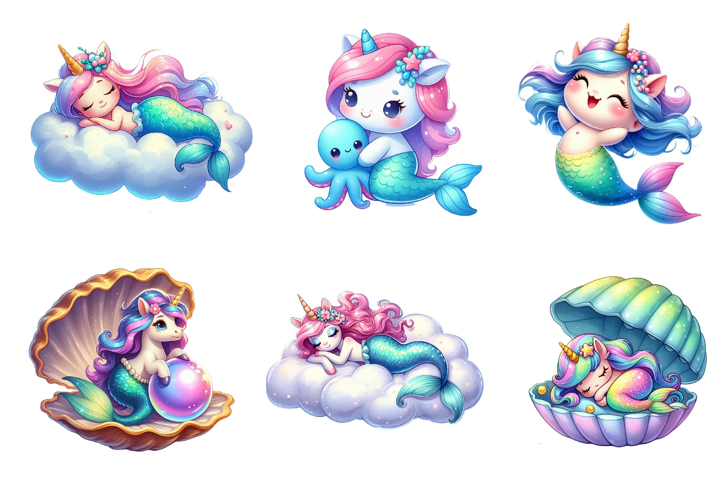 Cute Unicorn With Mermaid Clipart Bundle - CraftNest - Digital Crafting and Art