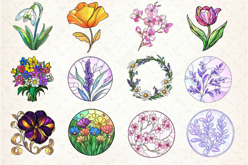 Round Stained Glass Spring Little Flower Clipart Bundle - CraftNest - Digital Crafting and Art