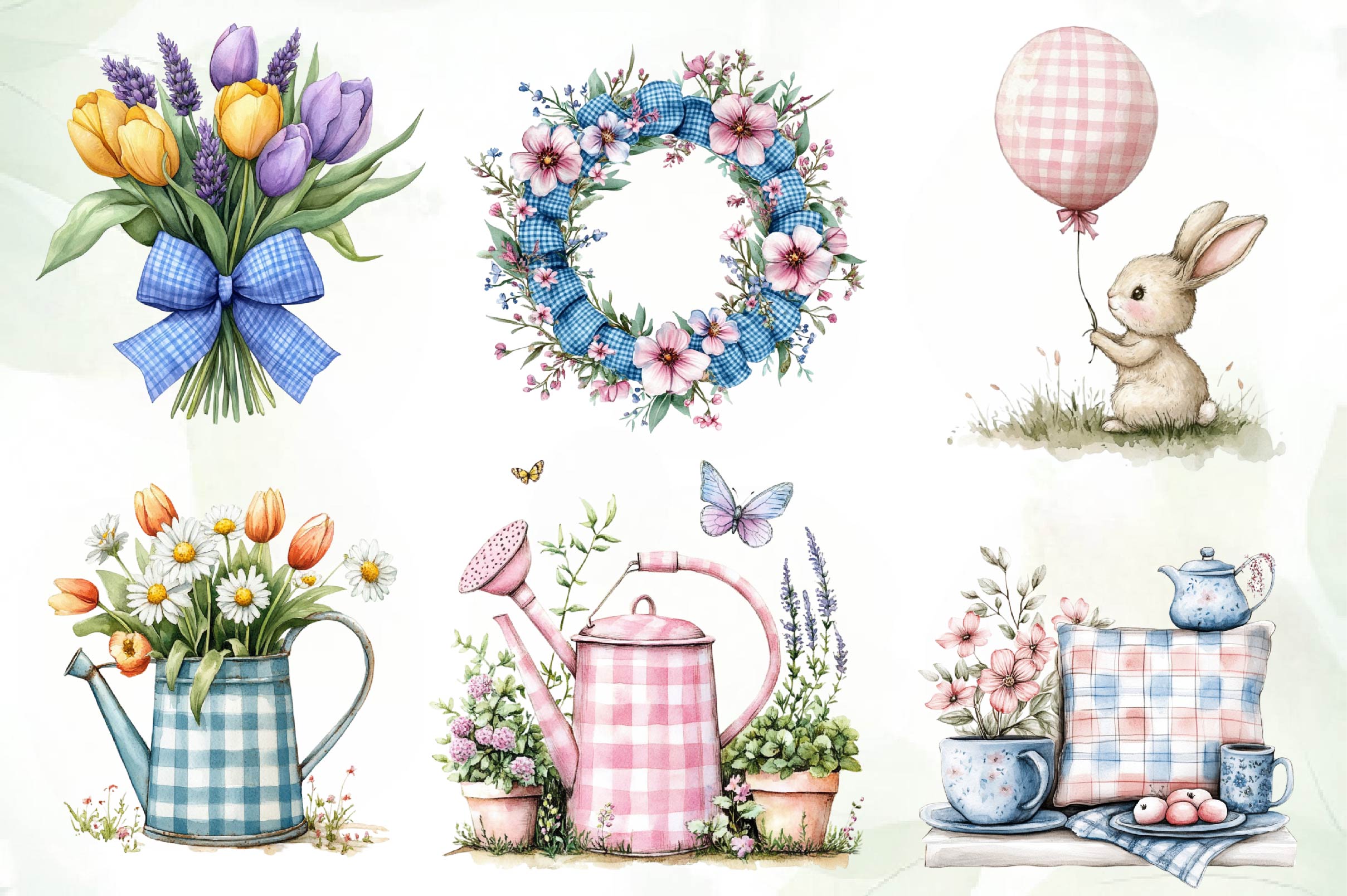 Blue & Pink Gingham Spring Clipart Bundle - CraftNest - Digital Crafting and Art