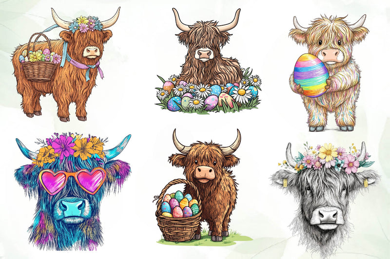 Cute Easter Day Highland Cow Clipart Bundle - CraftNest - Digital Crafting and Art